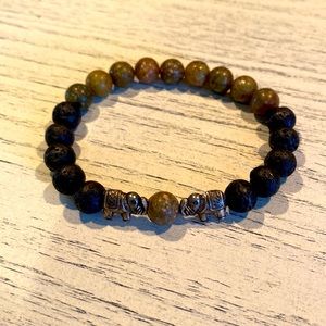 LAVA STONE ESSENTIAL OIL BRACELET-Gray, Green with silver tone elephant beads